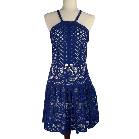 GIANNI BINI HALTER LACE OVERLAY DROP WAIST FIT & FLARE DRESS COBALT MEDIUM EUC - Picture 3 of 16